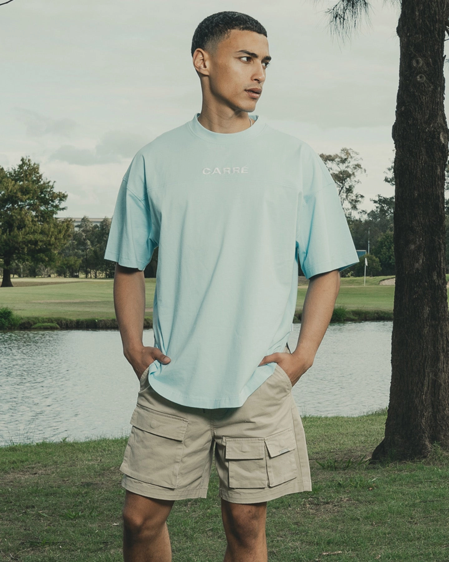 Carr?? Grid Iron Oversized T-Shirt Light Blue SeamlessSidePanels Yarn Dyed Stripes