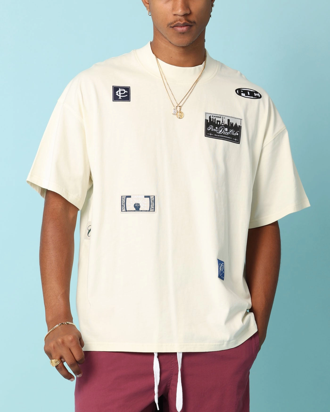 Carr?? Patchwork Oversized T-Shirt Off White graduation polo neck