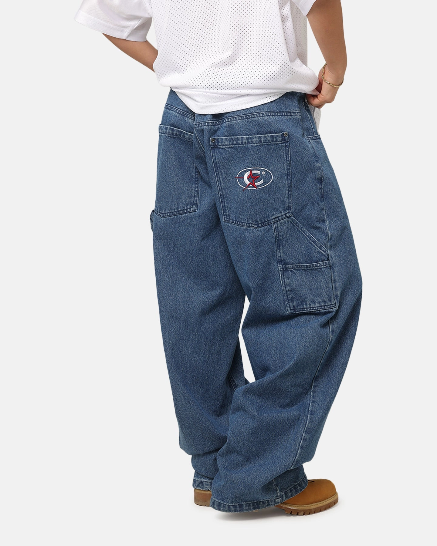 Secure Waistband Laser cut Carre Baggy Carpenter Jeans Mid Blue Denim