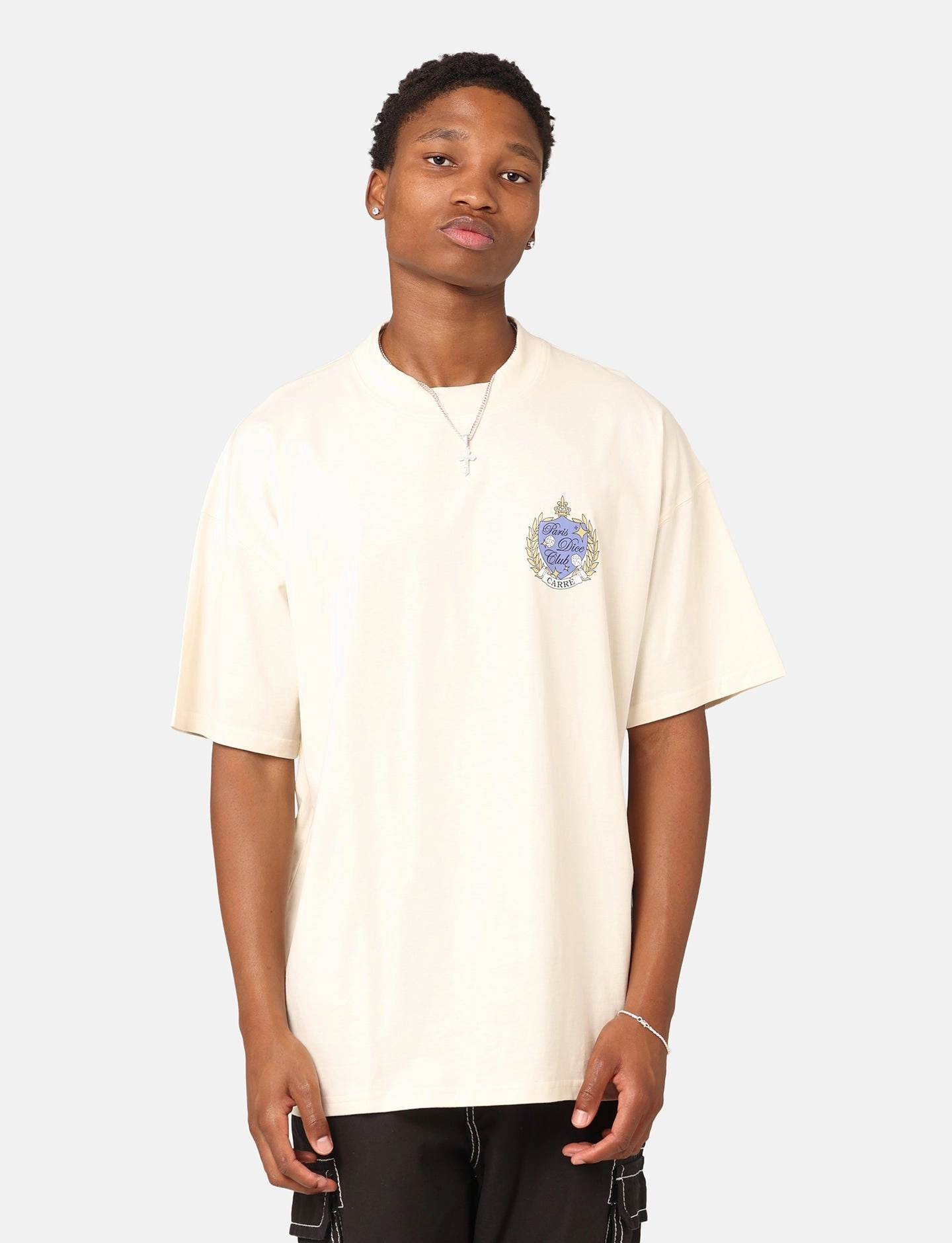 Simple and Chic Vintage Look Carre Dice Club Oversized T-Shirt Off White