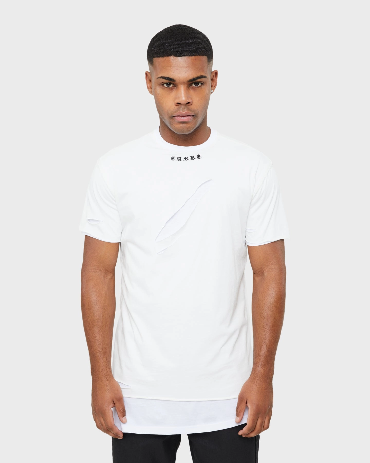 Basic Layering Carre Distressed Slash Oversized Short Sleeve T-Shirt Off White/White
