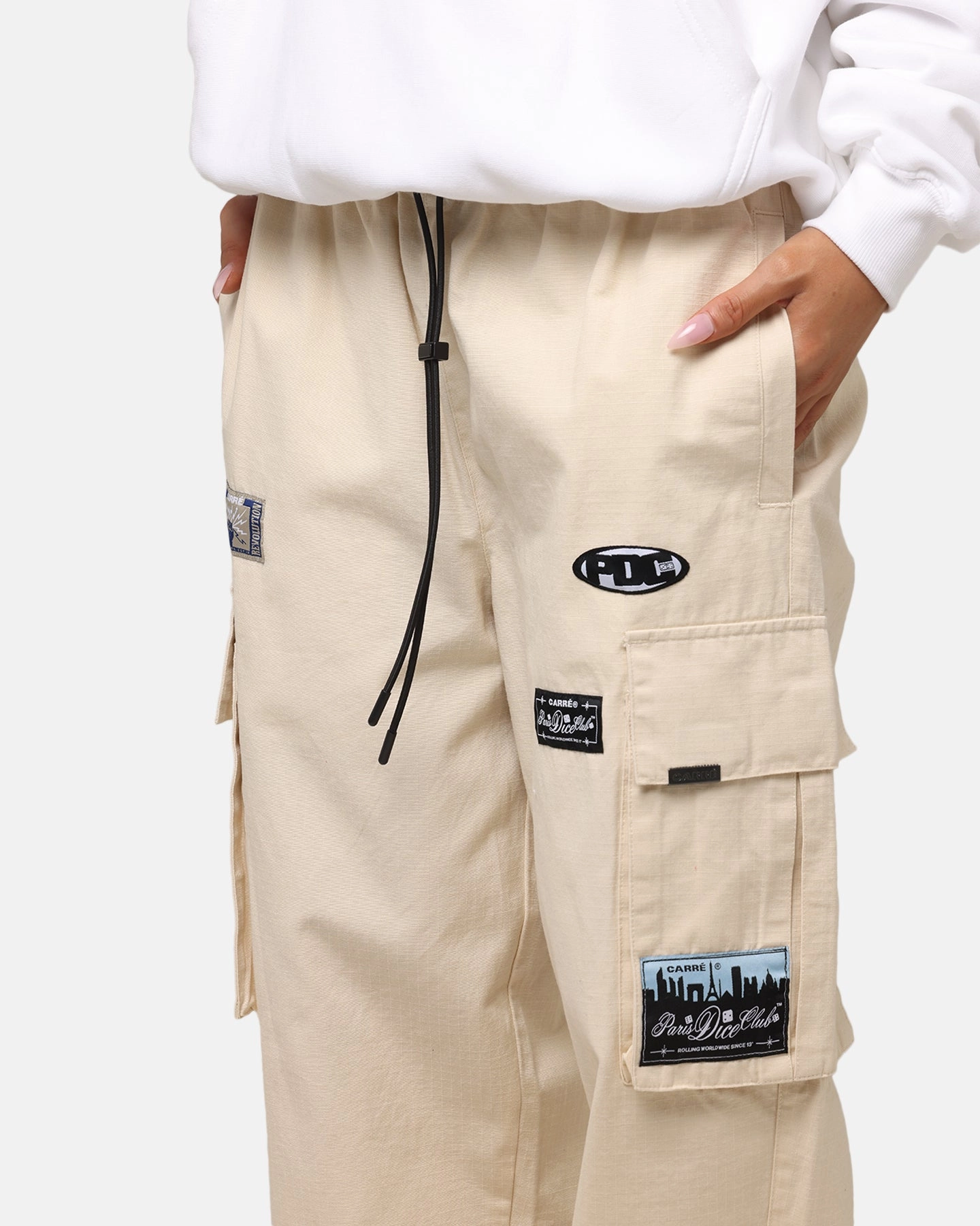 Basic Style Carre Patchwork Cargo Jogger Cream
