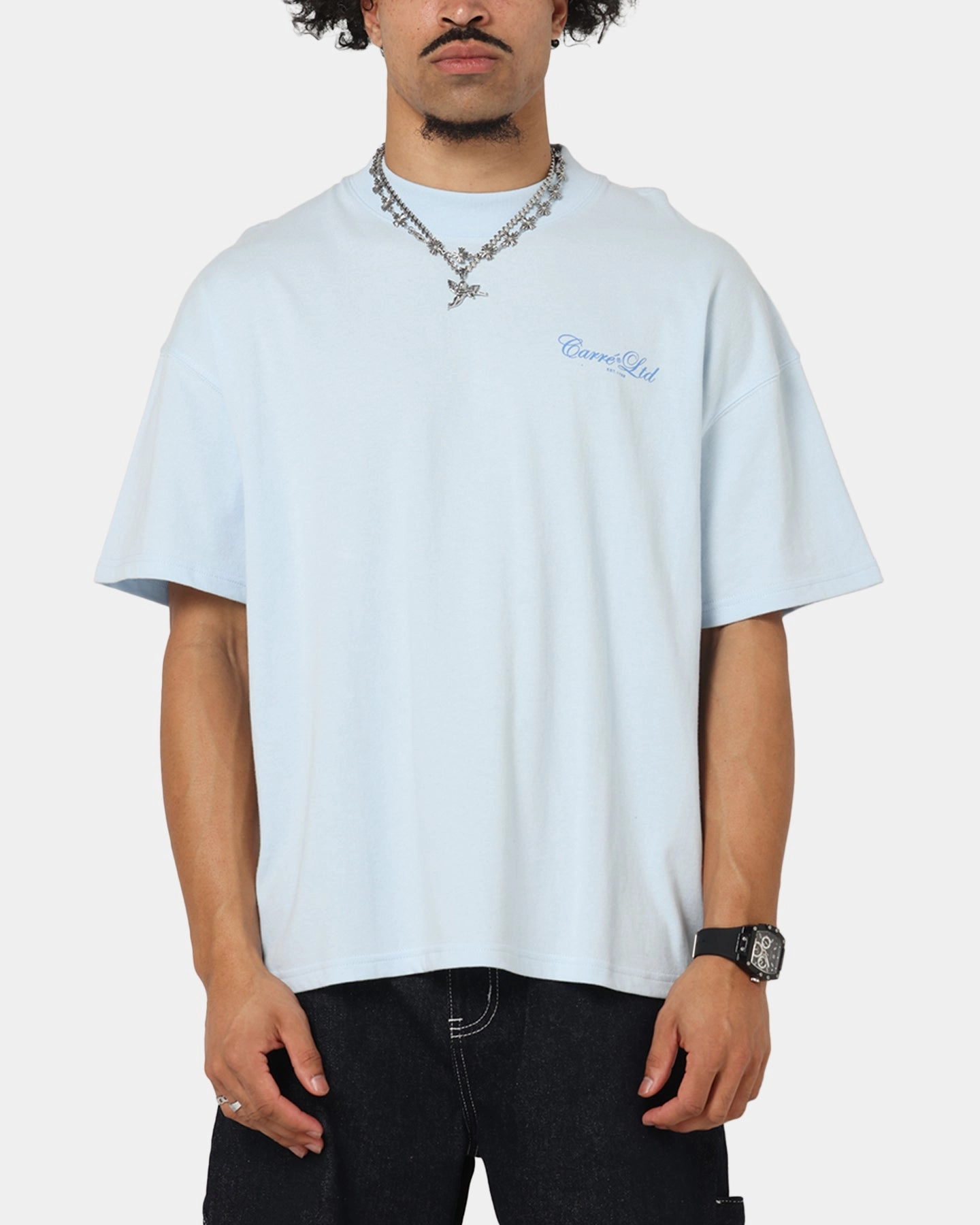 Lightweight Layer Timeless Fit Carre Side Script Oversized T-Shirt Baby Blue