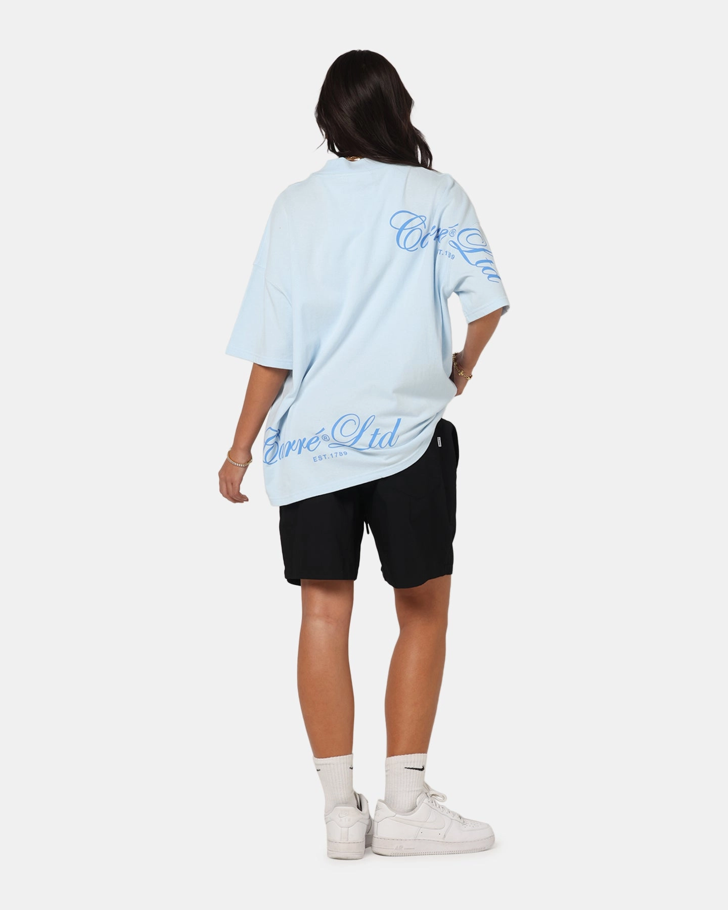 Seasonal Smart Sophisticated Casual Carre Side Script Oversized T-Shirt Baby Blue