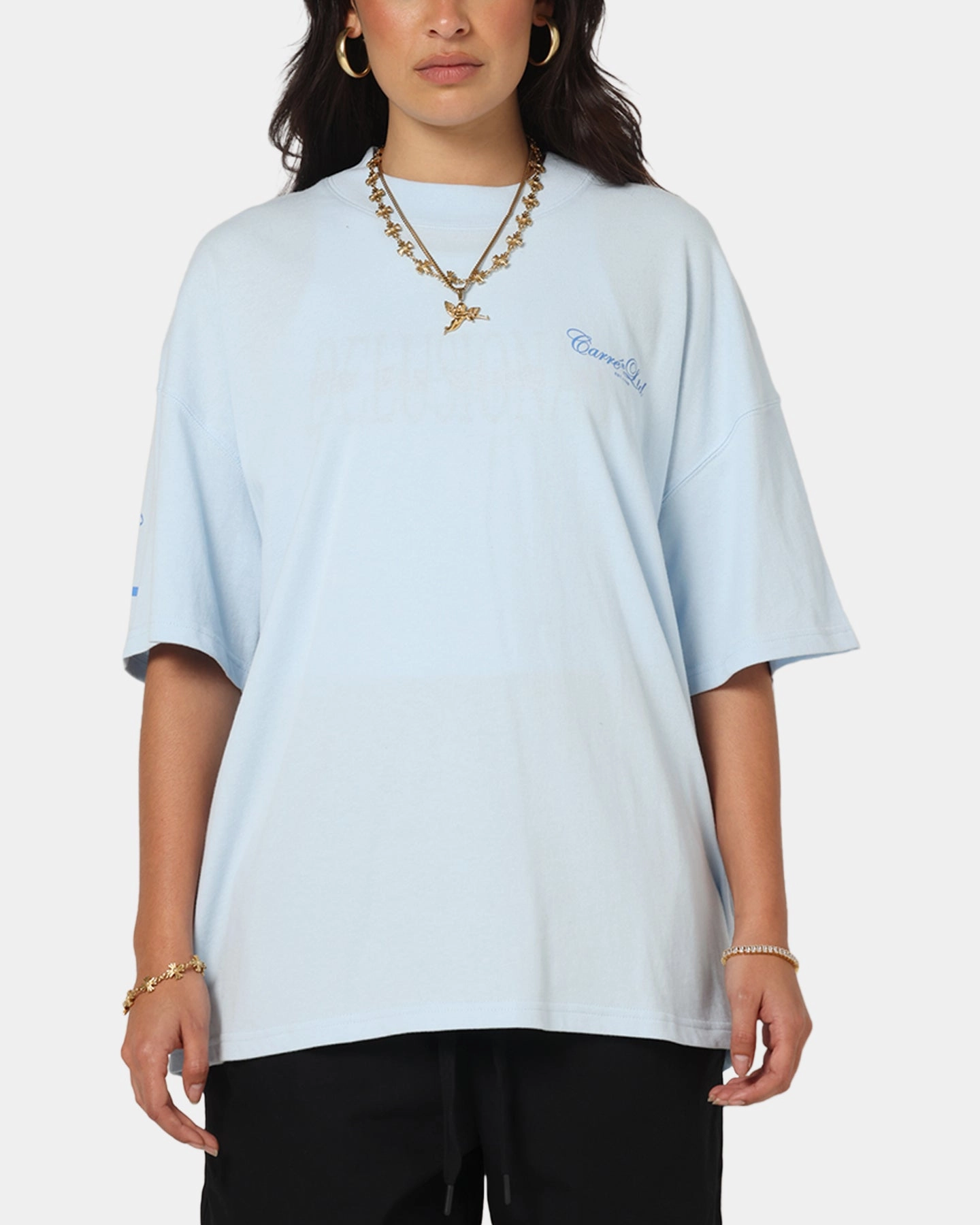 Fashion Layer Carre Side Script Oversized T-Shirt Baby Blue