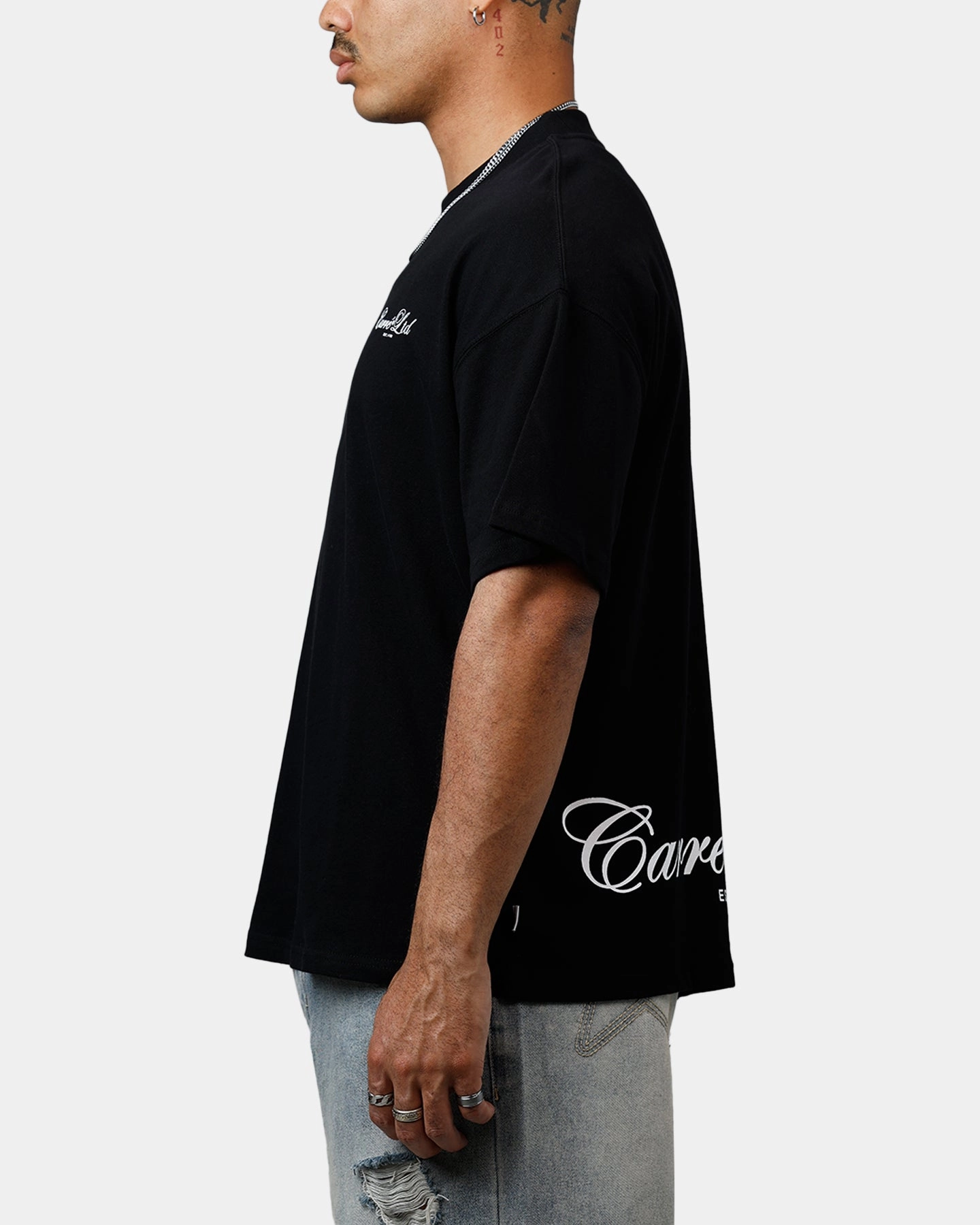 Leather combination Soft Touch Fabric Carre Side Script Oversized T-Shirt Black/White
