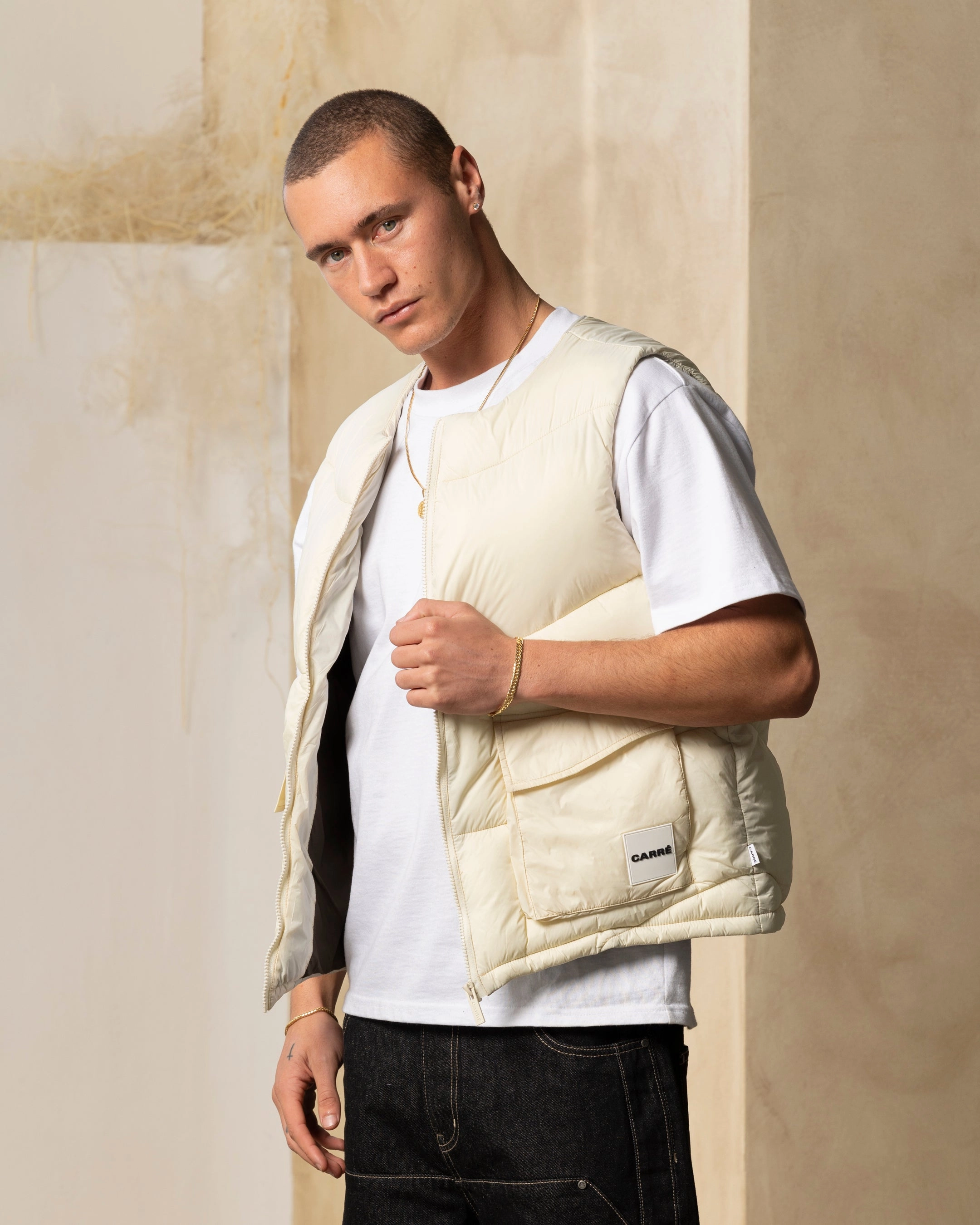 Carre Wave Puffer Vest Light Stone Subtle Texture Tactile Response Fabric