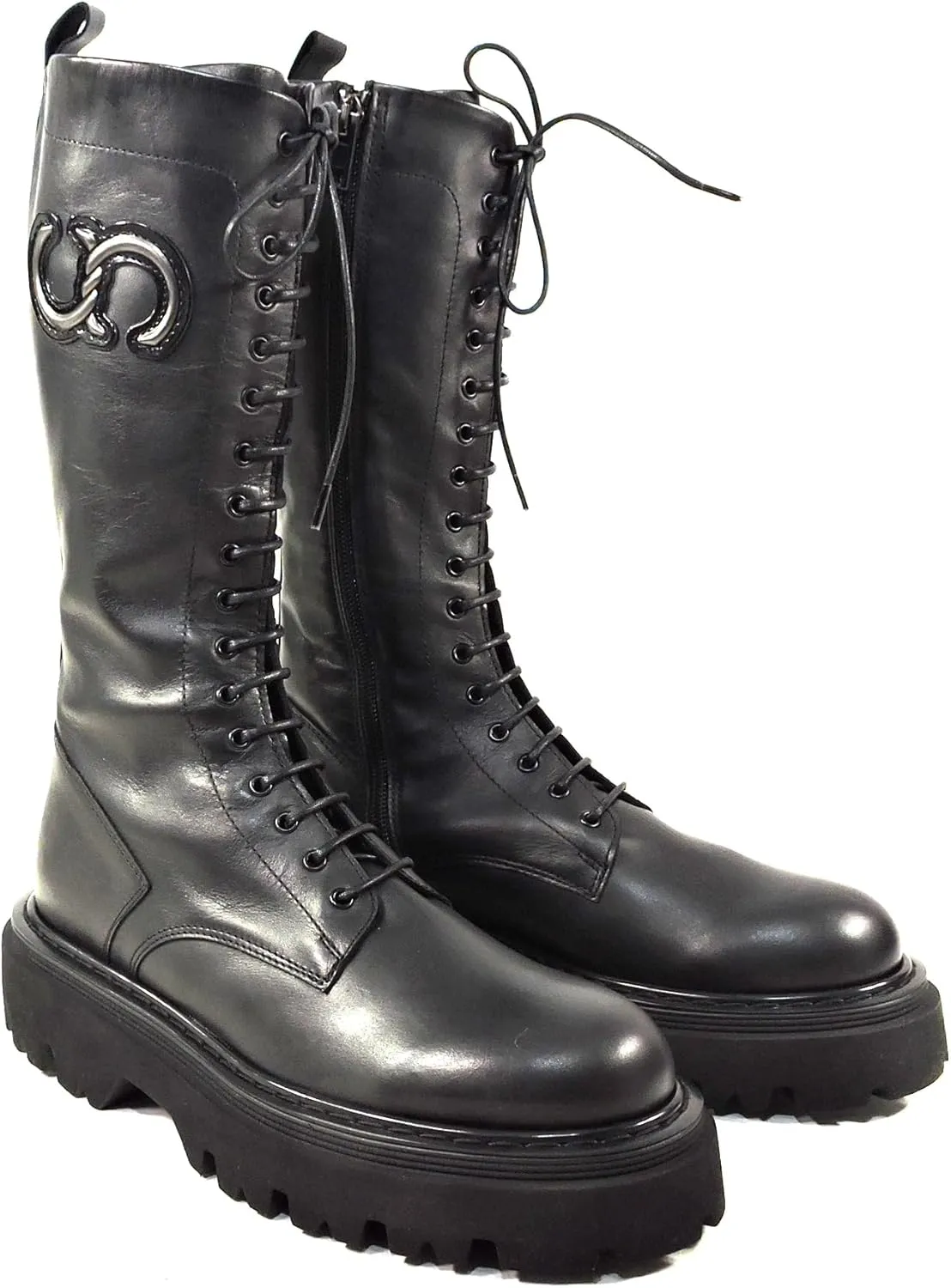 CASADEI Italian Women's Black Leather Knee-High Combat Boots, Lace-Up, Chunky Sole