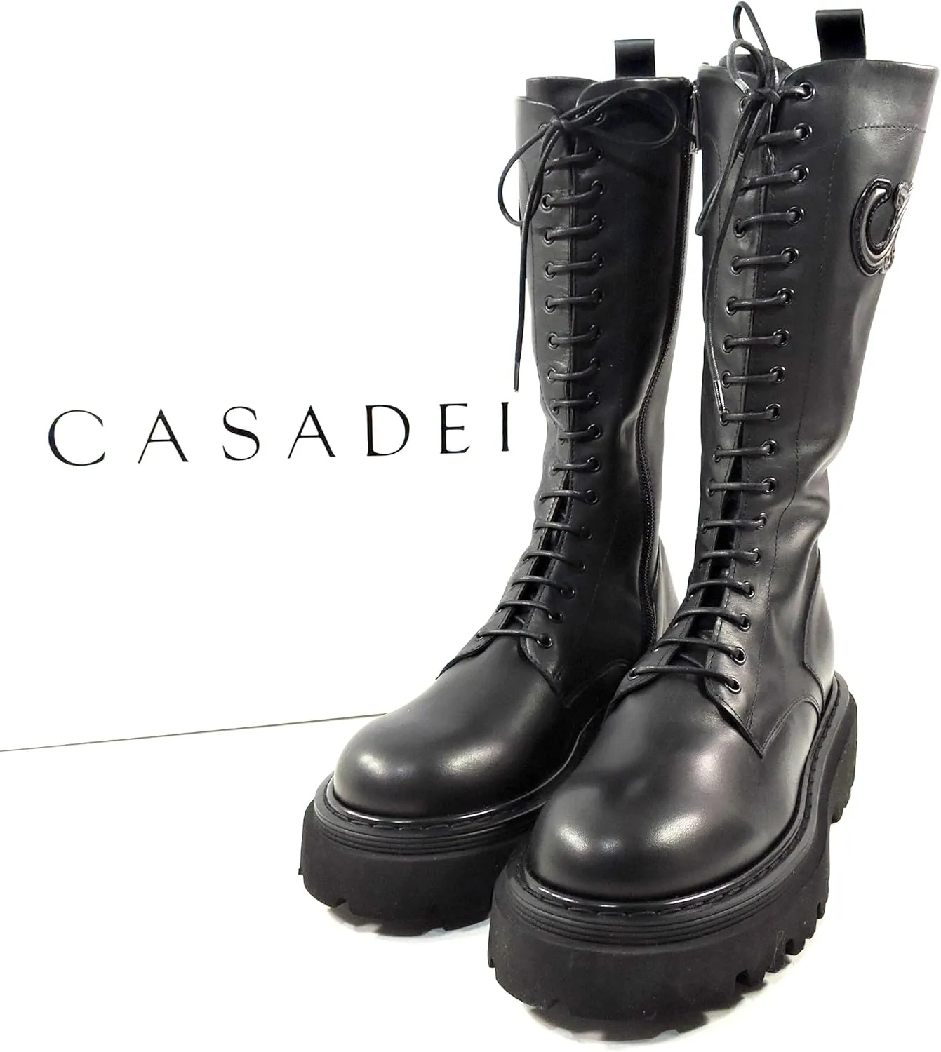 CASADEI Italian Women's Black Leather Knee-High Combat Boots, Lace-Up, Chunky Sole