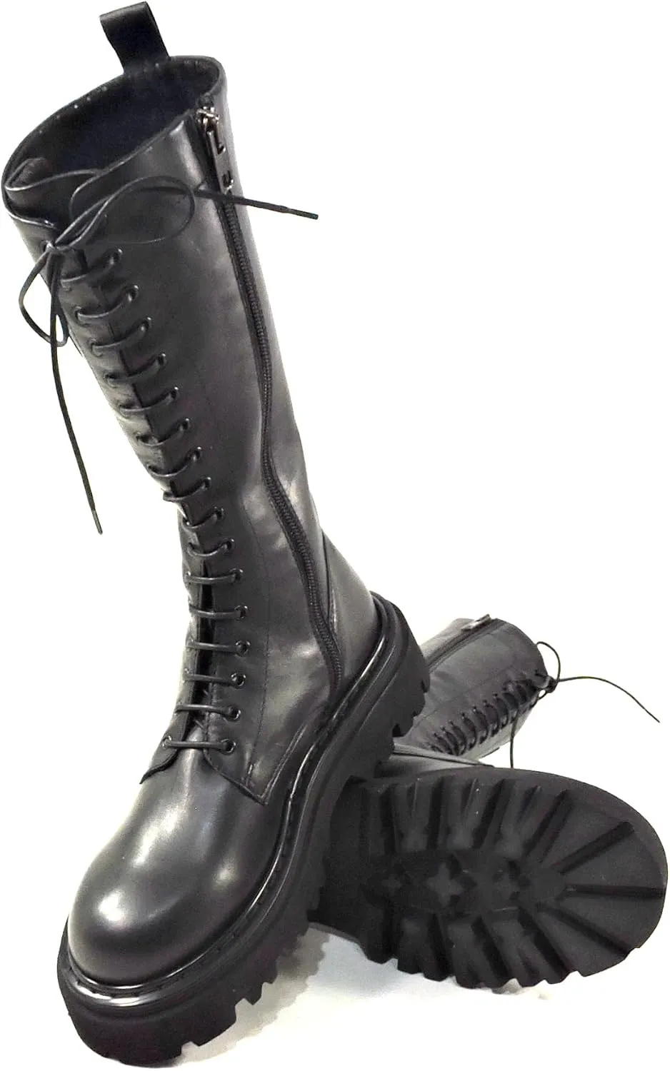CASADEI Italian Women's Black Leather Knee-High Combat Boots, Lace-Up, Chunky Sole