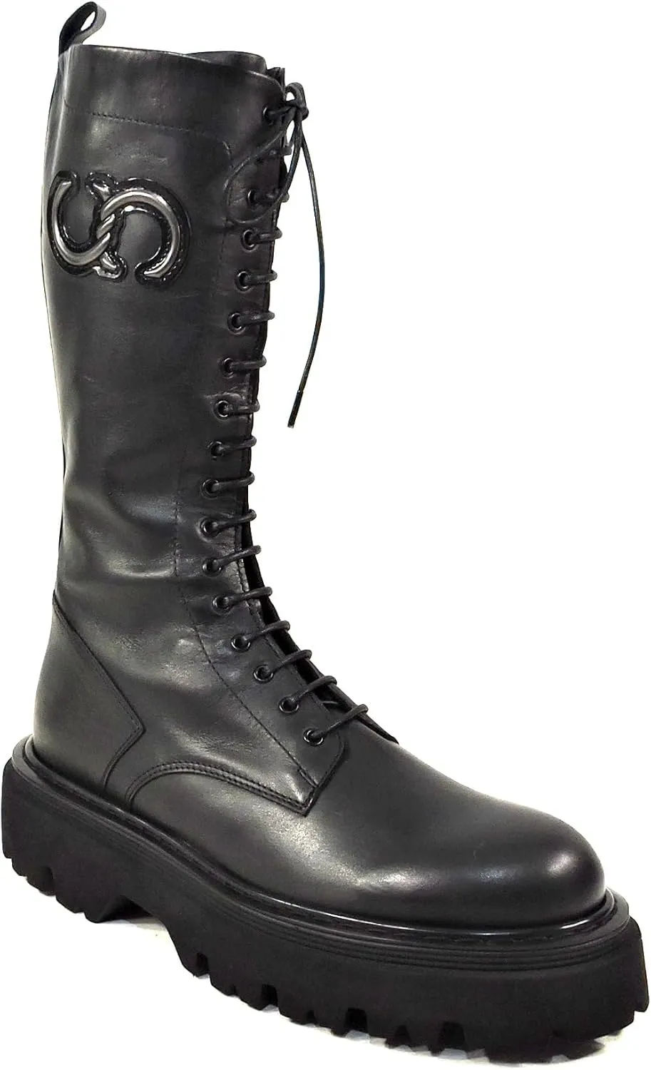 CASADEI Italian Women's Black Leather Knee-High Combat Boots, Lace-Up, Chunky Sole