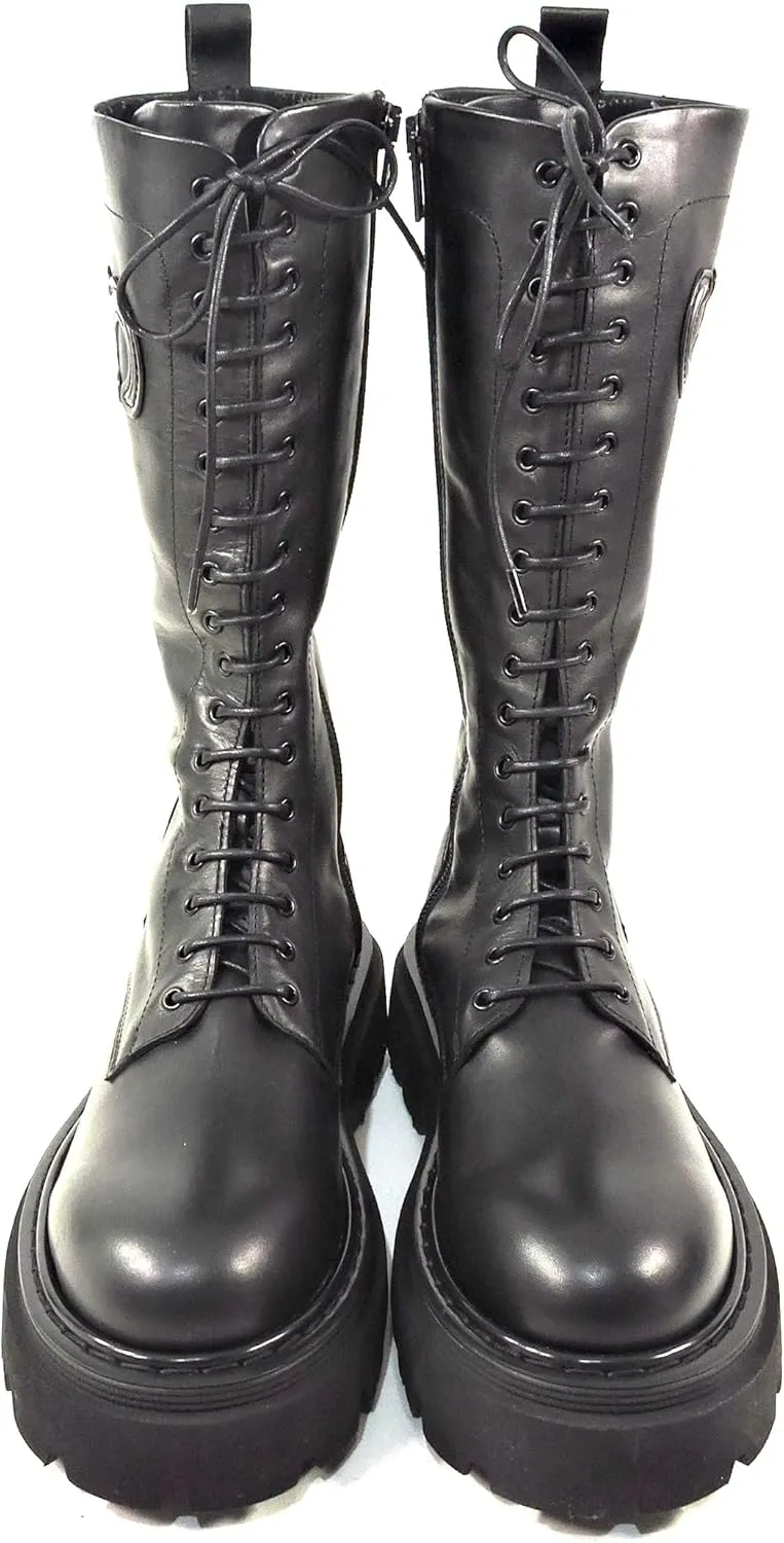 CASADEI Italian Women's Black Leather Knee-High Combat Boots, Lace-Up, Chunky Sole