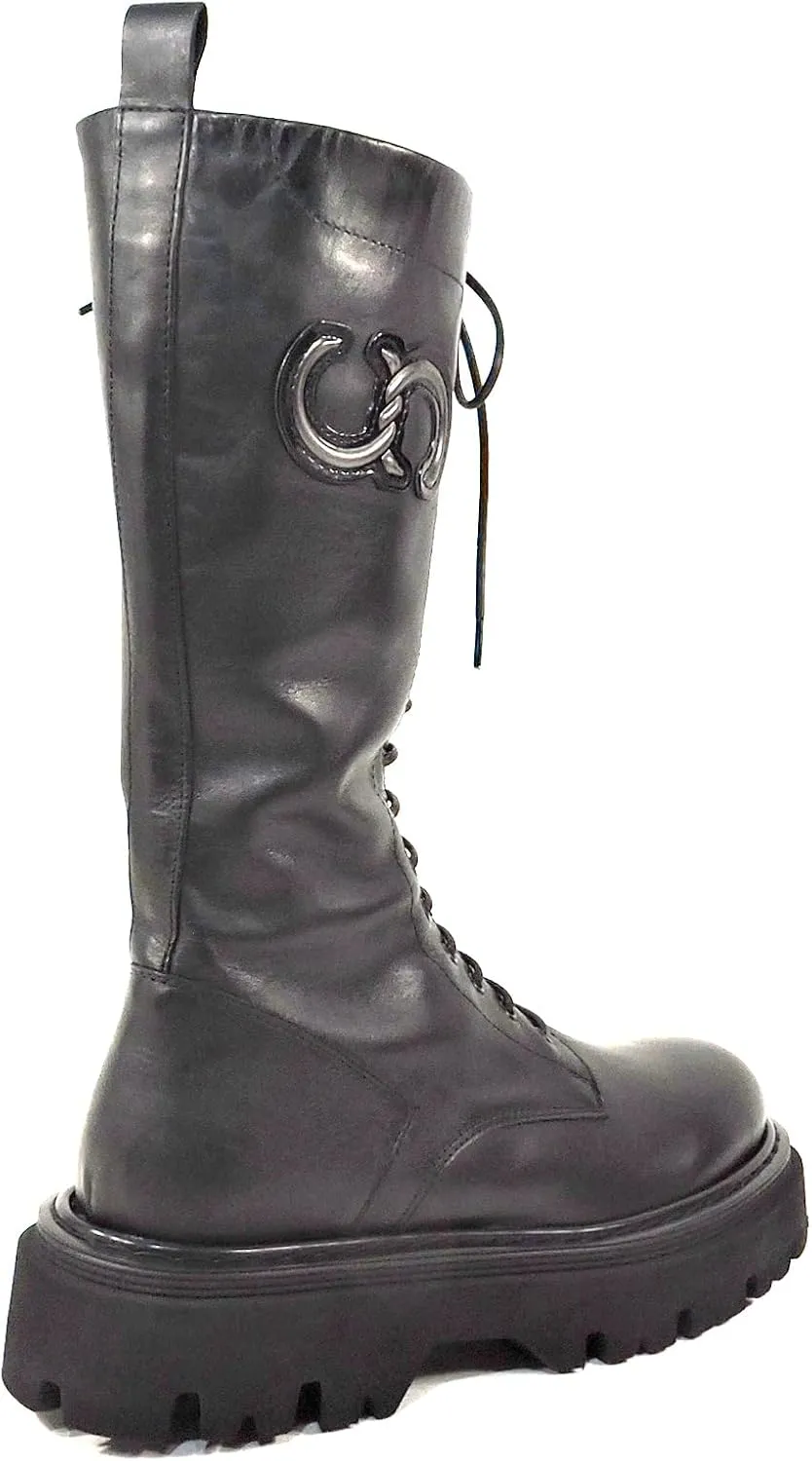 CASADEI Italian Women's Black Leather Knee-High Combat Boots, Lace-Up, Chunky Sole