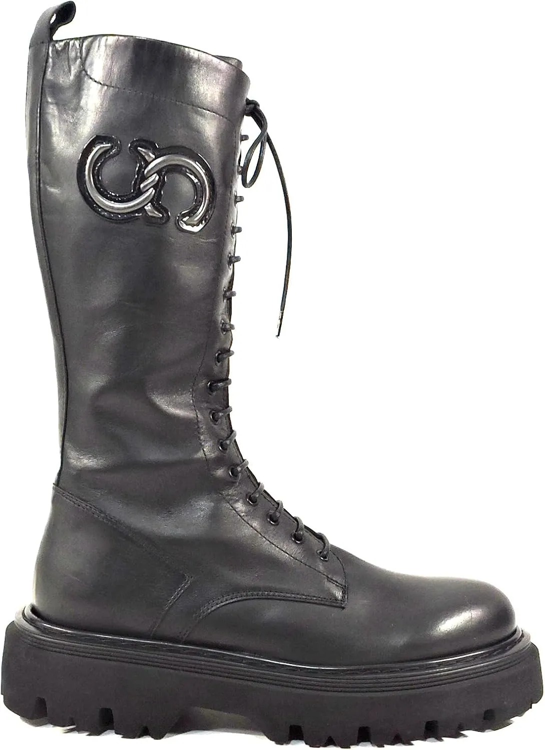 CASADEI Italian Women's Black Leather Knee-High Combat Boots, Lace-Up, Chunky Sole