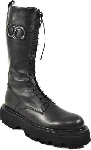CASADEI Italian Women's Black Leather Knee-High Combat Boots, Lace-Up, Chunky Sole