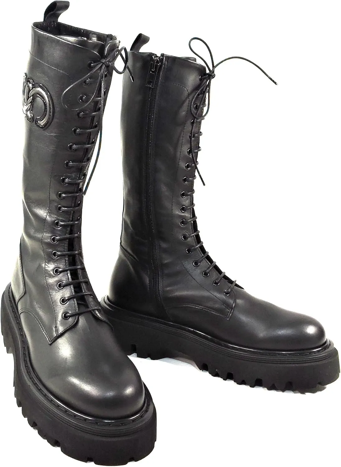 CASADEI Italian Women's Black Leather Knee-High Combat Boots, Lace-Up, Chunky Sole