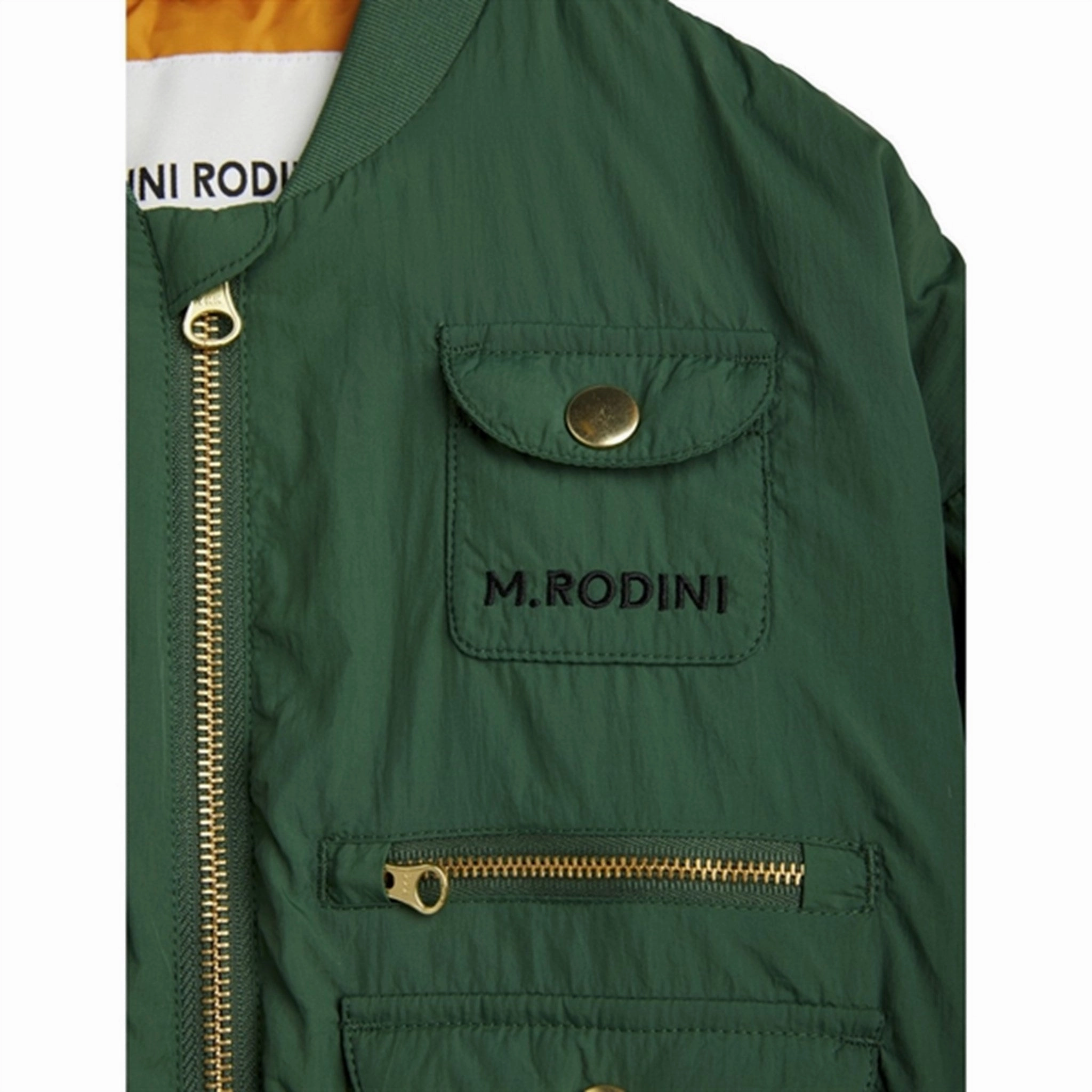 Mini Rodini Nylon Baseball Jacket Green Modular Attachment Points Soft Lined Interior