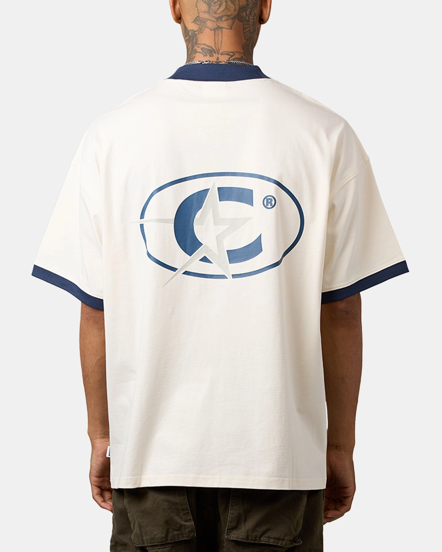 Non Fading Material Carre C-Superstar Oversized Ringer T-Shirt Off White/Navy