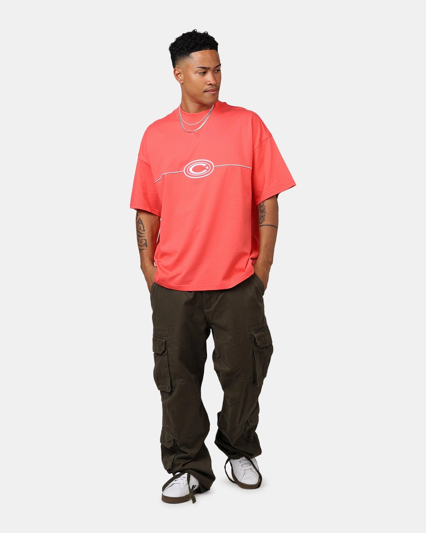 Daily Comfort Style Anti Pilling Fabric Carre C-Star Pipe Oversized T-Shirt Red
