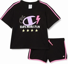 Breathable Fit Champion Completo da bambina e ragazza Legacy Fun Club Thirt e Short 404678 KK001 NBK nero