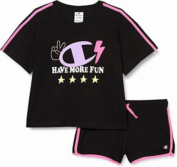 Breathable Fit Champion Completo da bambina e ragazza Legacy Fun Club Thirt e Short 404678 KK001 NBK nero
