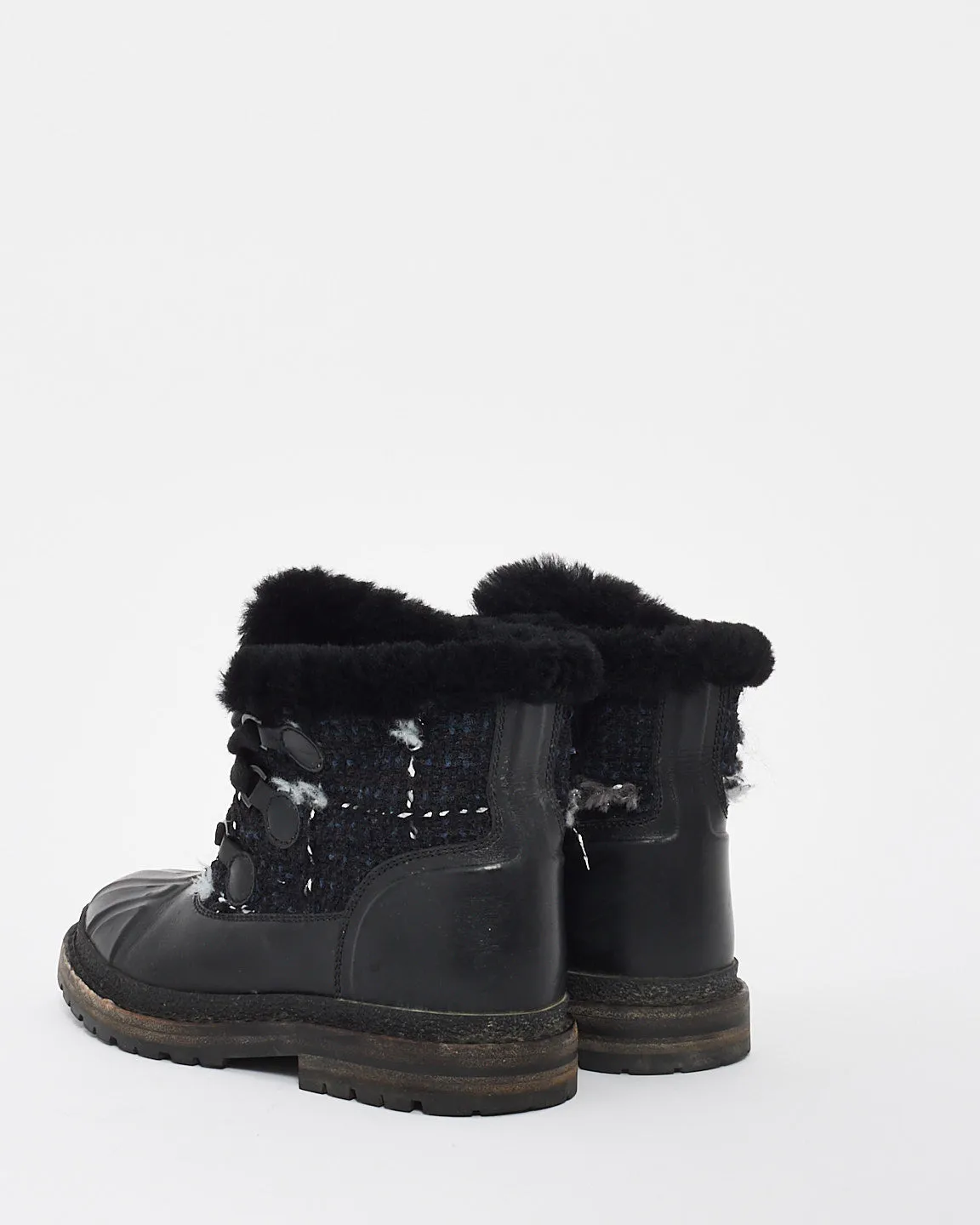 Chanel Black Tweed/Leather Lace Up Ankle Combat Boots - 37