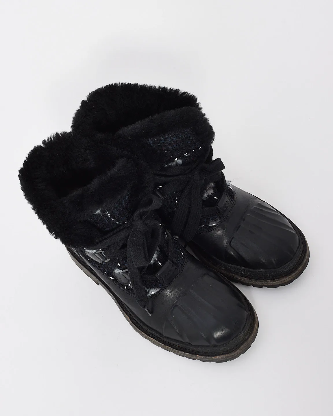 Chanel Black Tweed/Leather Lace Up Ankle Combat Boots - 37