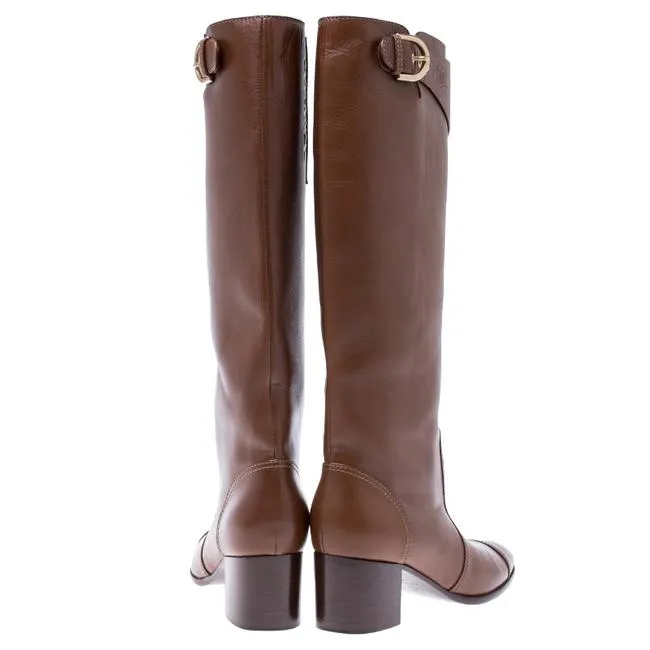 CHANEL CC LEATHER CAP TOE BLOCK HEEL KNEE HIGH RIDING BOOTS