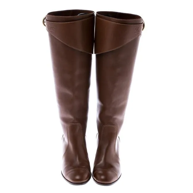 CHANEL CC LEATHER CAP TOE BLOCK HEEL KNEE HIGH RIDING BOOTS