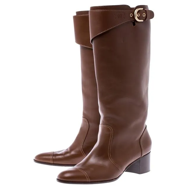 CHANEL CC LEATHER CAP TOE BLOCK HEEL KNEE HIGH RIDING BOOTS