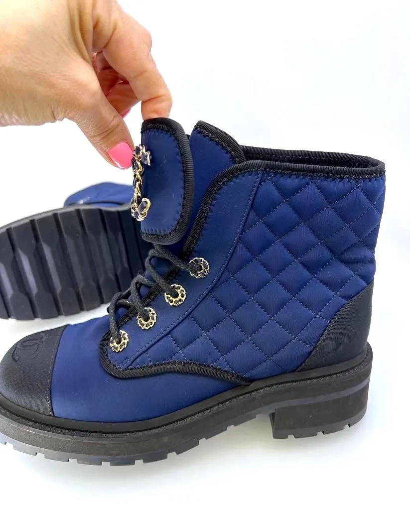 CHANEL GROSGRAIN QUILTED LACE UP COMBAT BOOTS