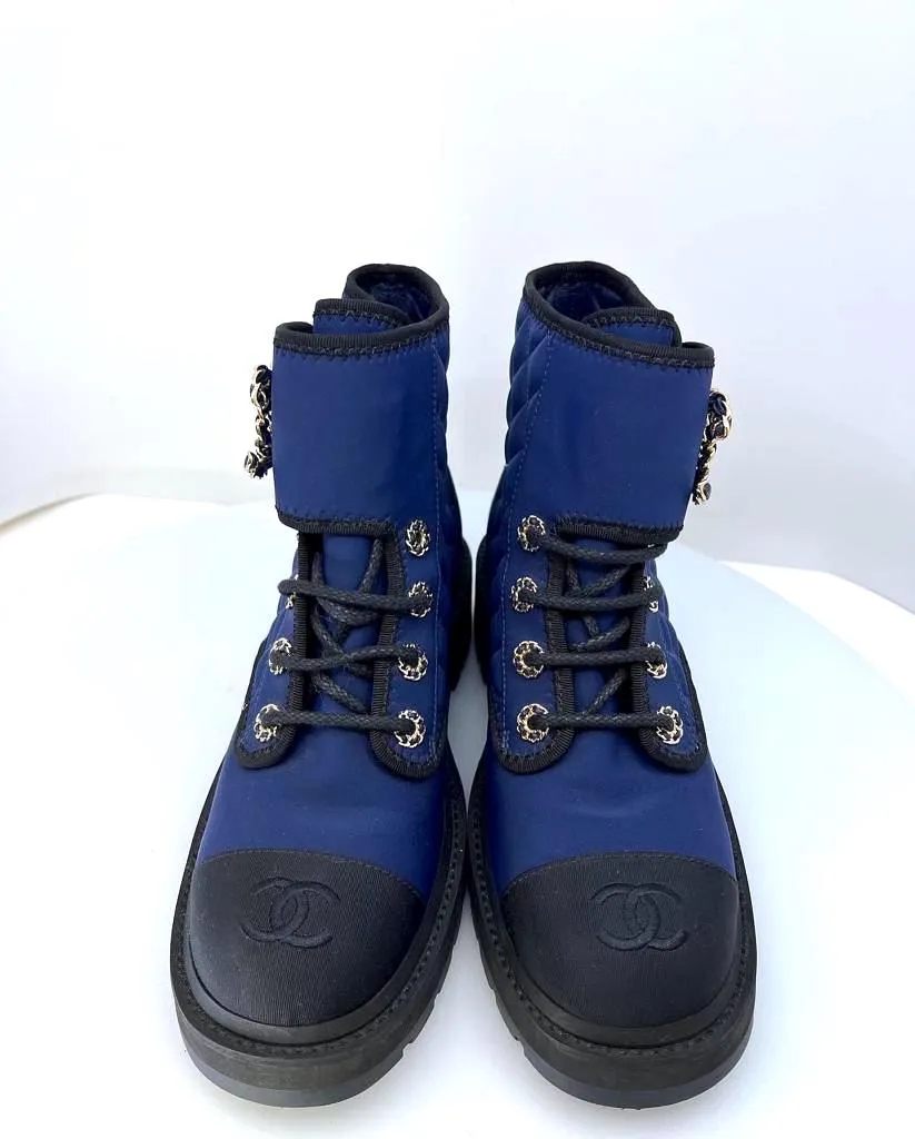 CHANEL GROSGRAIN QUILTED LACE UP COMBAT BOOTS