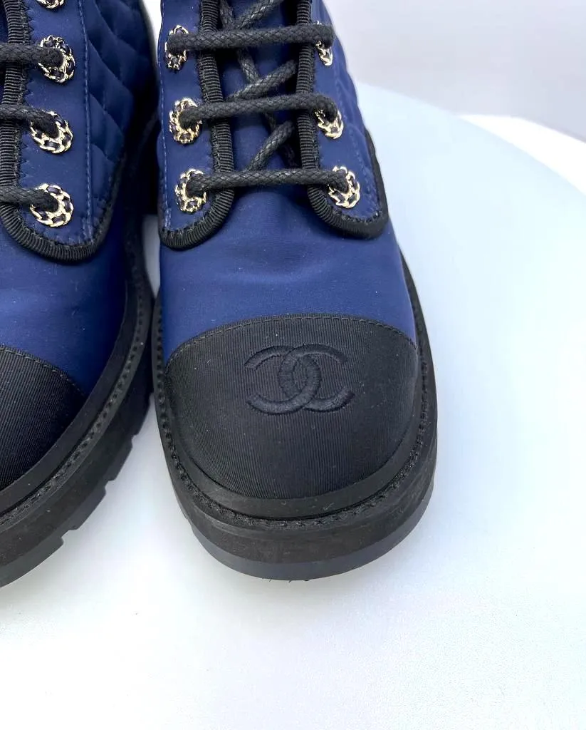 CHANEL GROSGRAIN QUILTED LACE UP COMBAT BOOTS