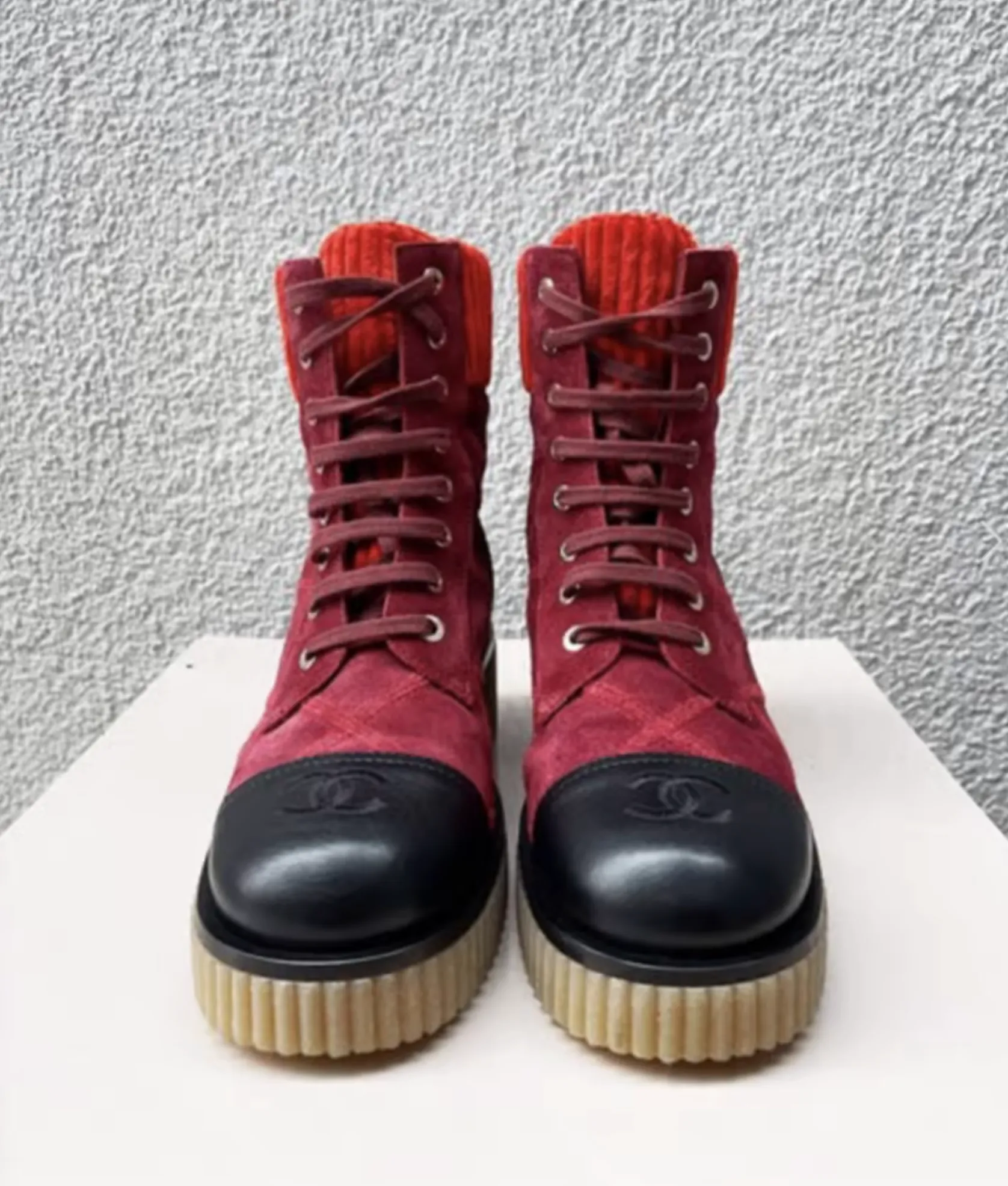 CHANEL SUEDE CALFSKIN VELVET QUILTED CC COMBAT BOOTS
