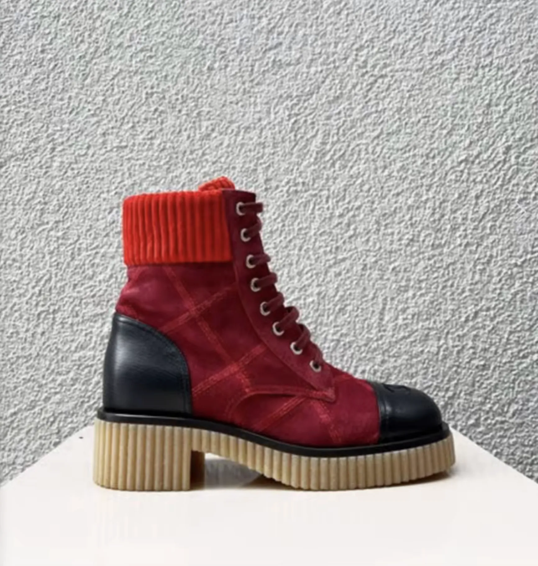 CHANEL SUEDE CALFSKIN VELVET QUILTED CC COMBAT BOOTS