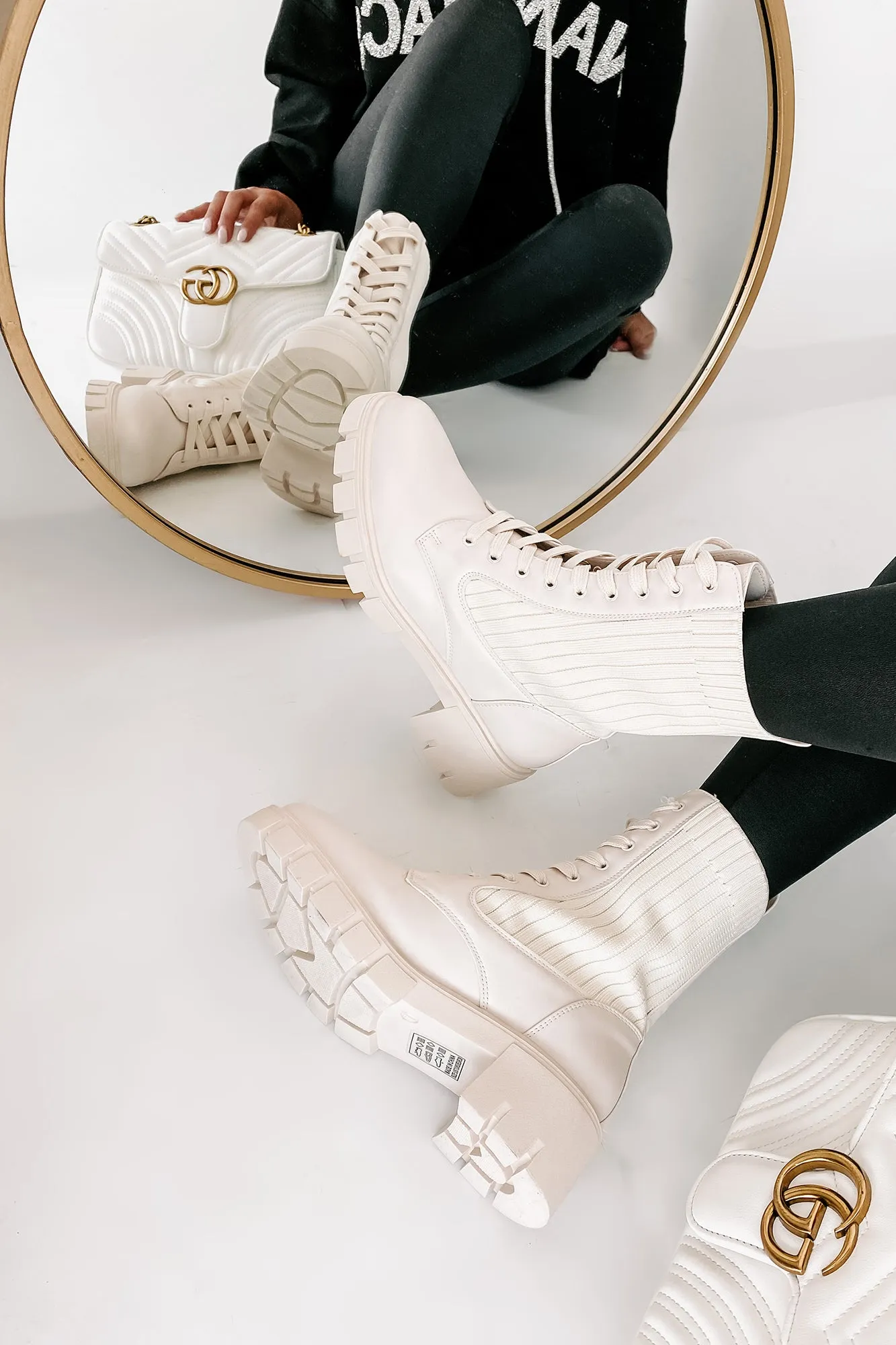 Changing The Game Ribbed Knit Lace-Up Combat Boots (Bone)