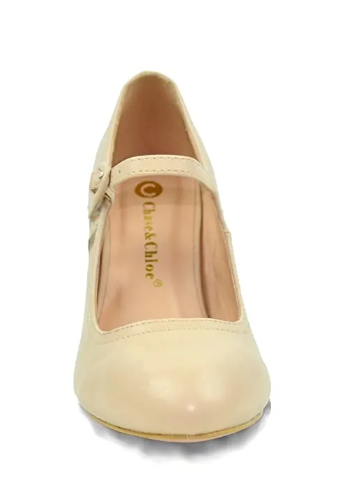 Chase & Chloe Kimmy-21 Round Toe Mid Heel Mary Jane Style Dress Pumps Nude (8.5, NUDE PU)