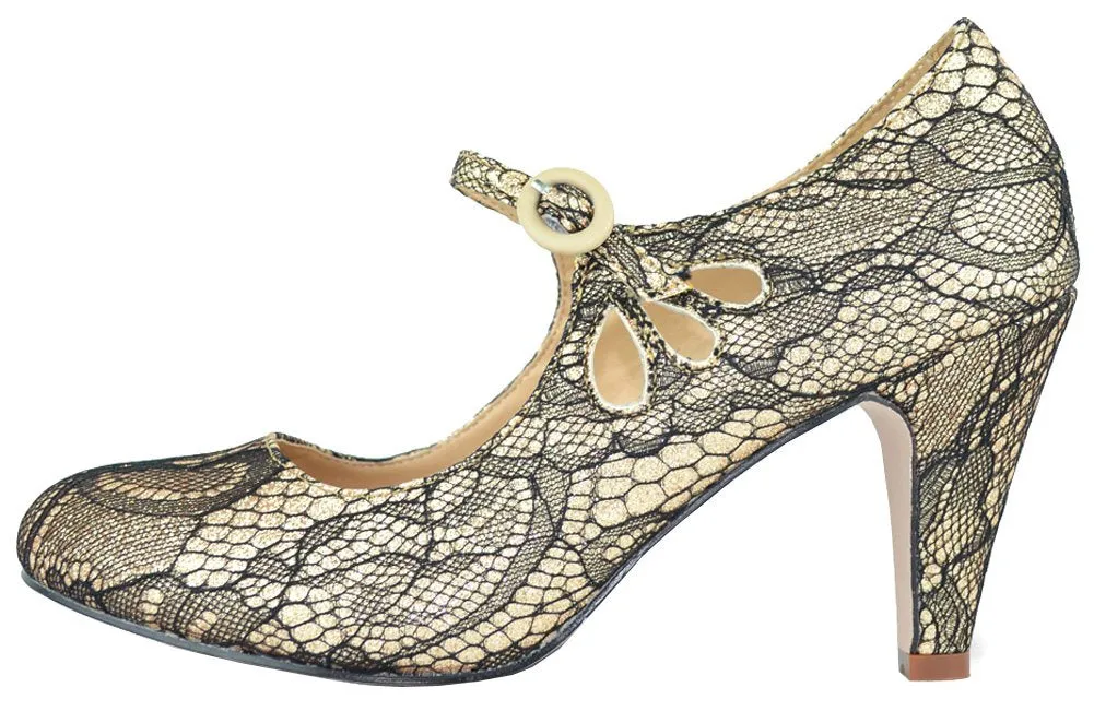 Chase and Chloe Kimmy-21 Gold Lace Mary Jane Rounded Toe Kitten Heeled Pumps