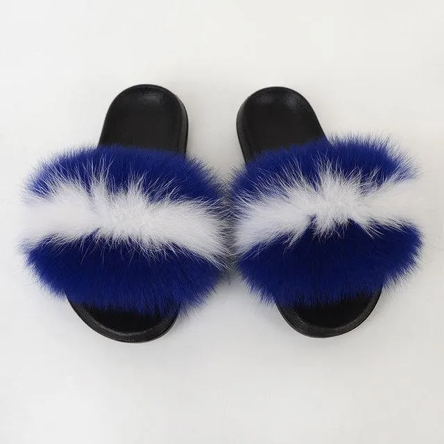 Chicvane Womens Color Block Striped Fox Fur Open Toe Fluffy Flat Sleeper Slides