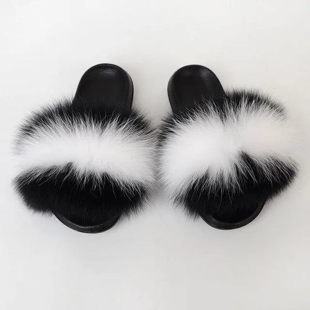 Chicvane Womens Color Block Striped Fox Fur Open Toe Fluffy Flat Sleeper Slides