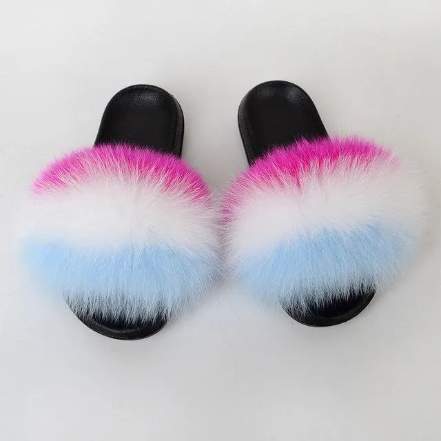 Chicvane Womens Color Block Striped Fox Fur Open Toe Fluffy Flat Sleeper Slides