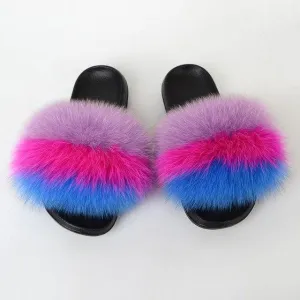 Chicvane Womens Color Block Striped Fox Fur Open Toe Fluffy Flat Sleeper Slides