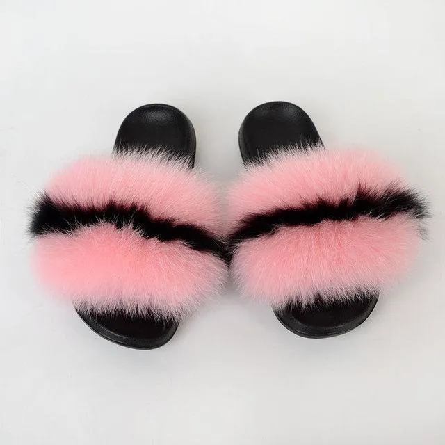 Chicvane Womens Color Block Striped Fox Fur Open Toe Fluffy Flat Sleeper Slides