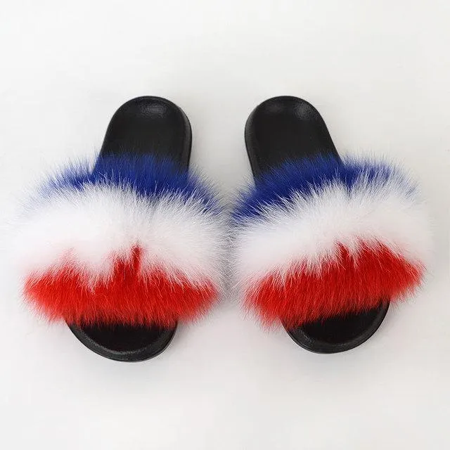 Chicvane Womens Color Block Striped Fox Fur Open Toe Fluffy Flat Sleeper Slides