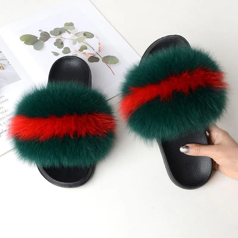 Chicvane Women's Color Block Striped Fox Fur Open Toe Fluffy Slide Sleepers