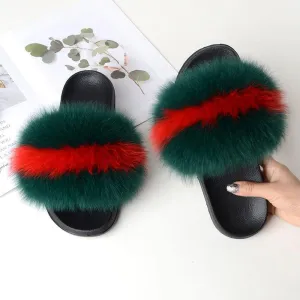Chicvane Women's Color Block Striped Fox Fur Open Toe Fluffy Slide Sleepers