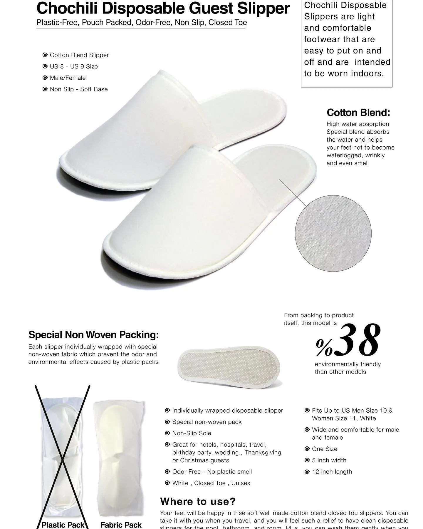 Chochili 4080 Pairs Fabric Packed Non-Woven Disposable Hotel Slippers for Airbnb Spa Wedding Guests Adult Men Women Size 10-11, White