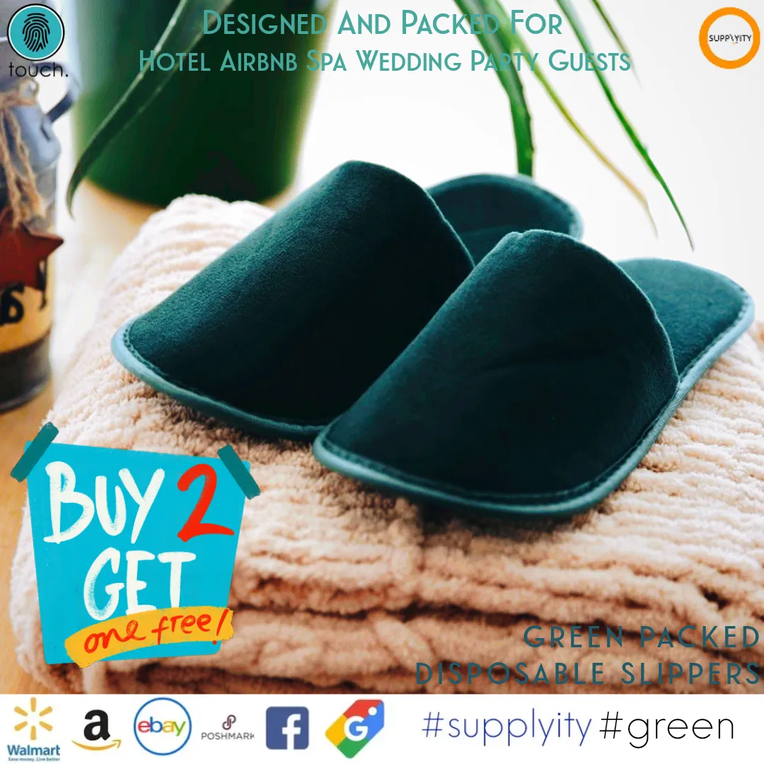 Chochili Green 10 Pairs Fabric Packed Terry Cotton Disposable Hotel Slippers for Airbnb Spa Wedding Guests Adult Men Women Size 10-11, Green