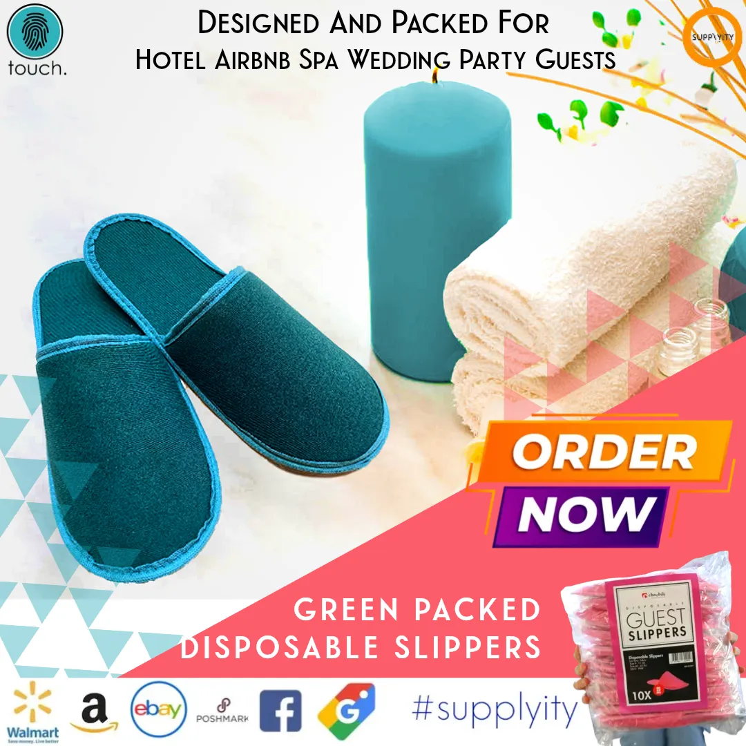 Chochili Green 10 Pairs Fabric Packed Terry Cotton Disposable Hotel Slippers for Airbnb Spa Wedding Guests Adult Men Women Size 10-11, Green