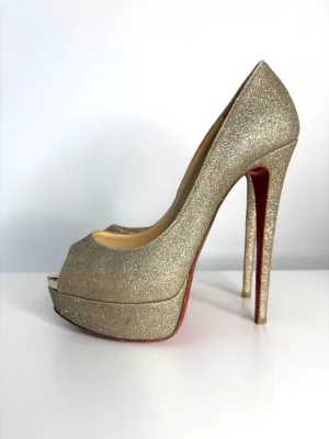 Christian Louboutin Lady Peep Silver Glitter Platform Heels 37.5 Uk4.5 - Preloved